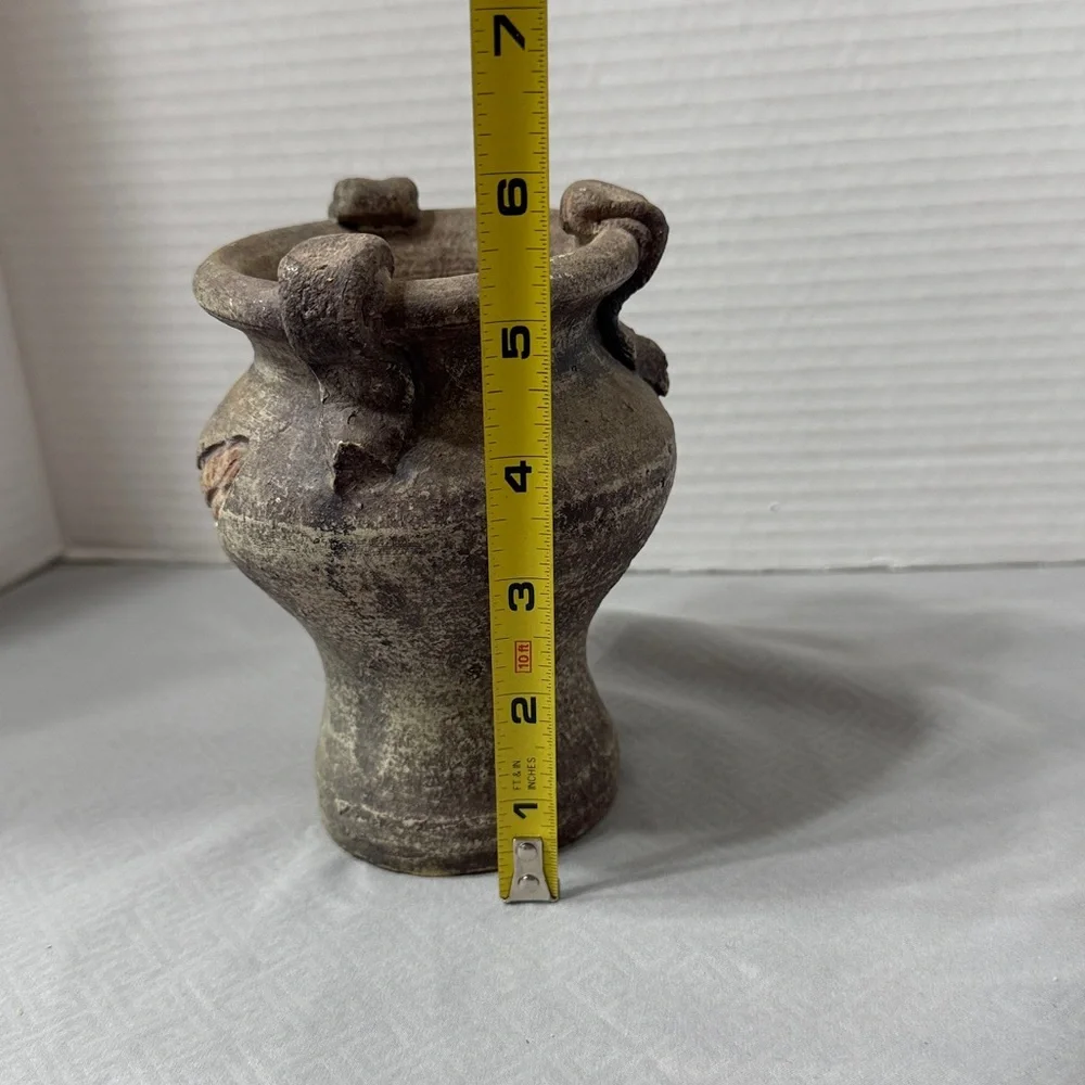 Rustic Style Ceramic Pottery Vase Feather Motif Weathered Finish Loop Handles